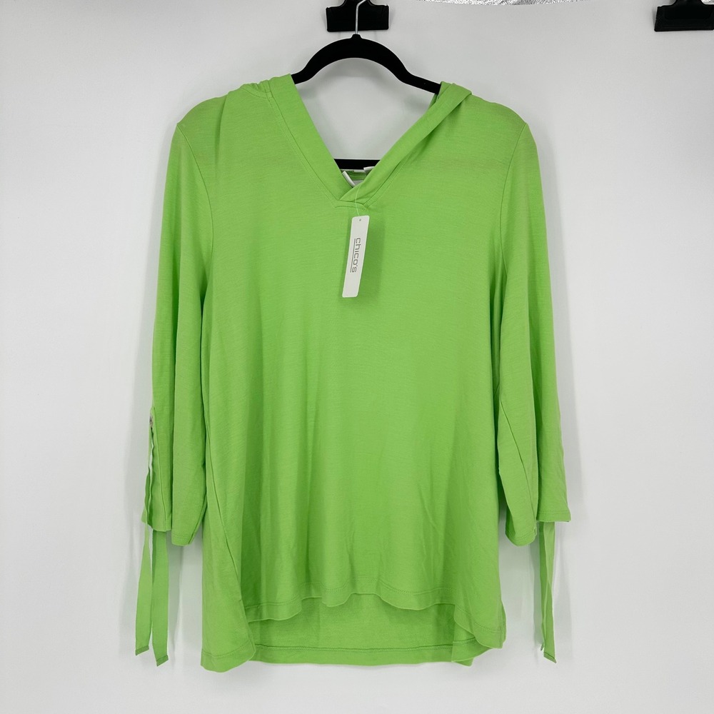 NEW‎ Chico's 2 Weekends Lydia Hood 3/4 Sleeve Top Green Key Lime Sweatshirt L